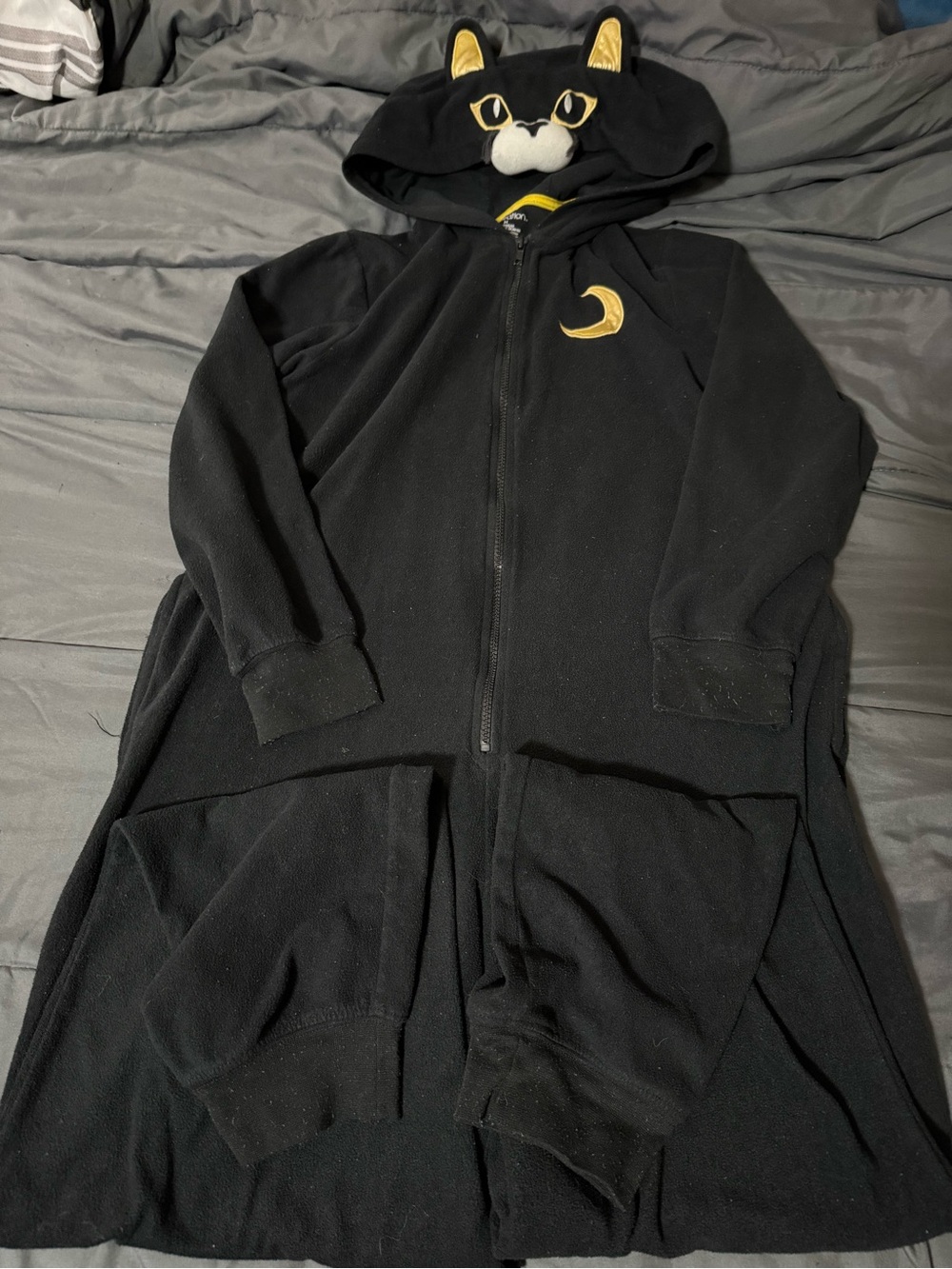 Xhilaration Black Cat Hooded Adult Onesie with Gold Moon Accent